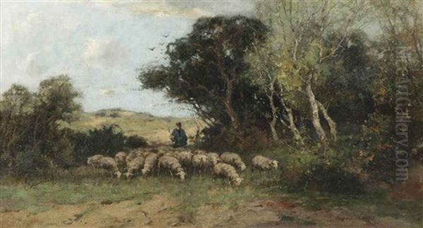 A Shepherd And His Flock In A Wooded Landscape Oil Painting by Johan Frederik Cornelis Scherrewitz