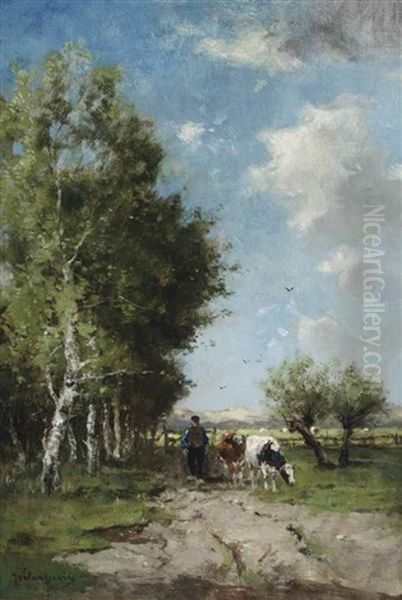 Herding The Cows On A Sunny Day Oil Painting by Johan Frederik Cornelis Scherrewitz