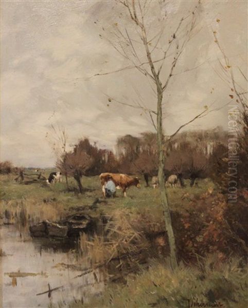 Farmer In A Field With Cattle Oil Painting by Johan Frederik Cornelis Scherrewitz