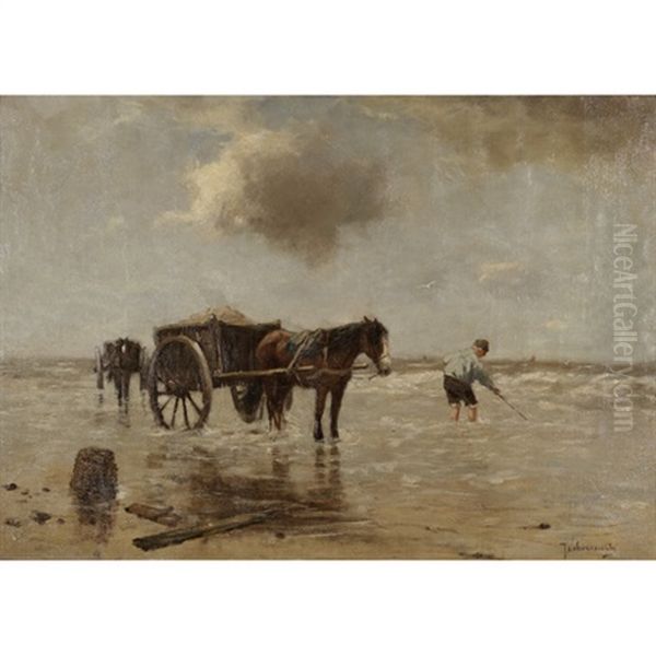 Shell Fisher On A Beach Oil Painting by Johan Frederik Cornelis Scherrewitz