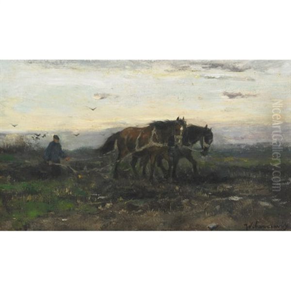 Plowing At Dusk Oil Painting by Johan Frederik Cornelis Scherrewitz