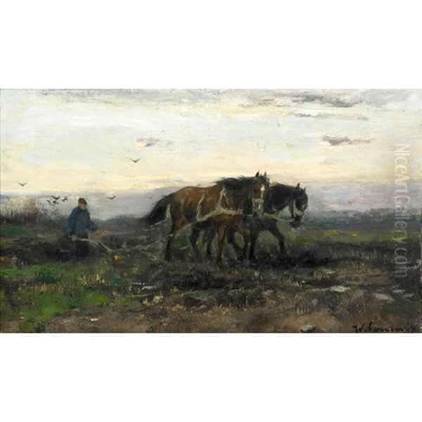 Plowing At Dusk Oil Painting by Johan Frederik Cornelis Scherrewitz