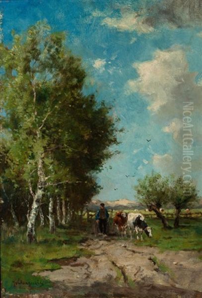 Pastoral Scene With Cows And Figure Oil Painting by Johan Frederik Cornelis Scherrewitz