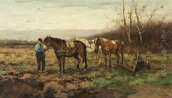 Tethering The Plough Horses Oil Painting by Johan Frederik Cornelis Scherrewitz