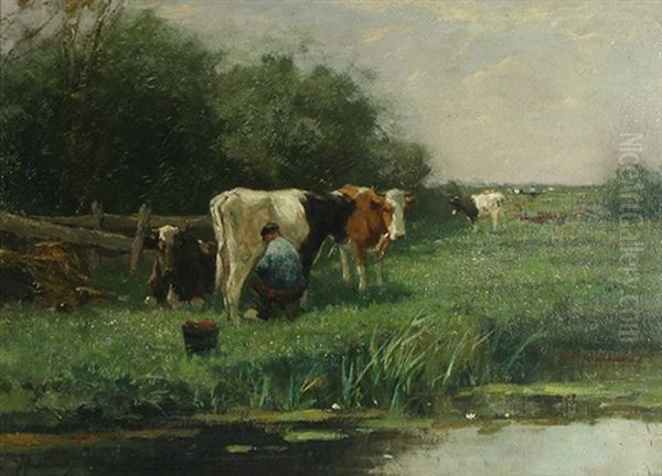 Milking The Cows Oil Painting by Johan Frederik Cornelis Scherrewitz