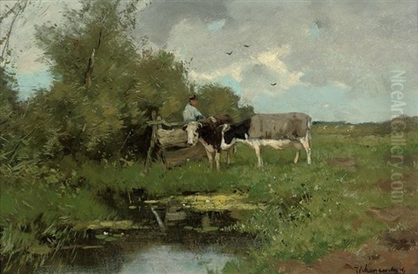 Watering Cattle At A Brook Oil Painting by Johan Frederik Cornelis Scherrewitz