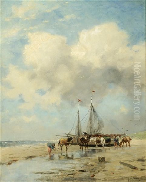 Fishermen On The Beach Oil Painting by Johan Frederik Cornelis Scherrewitz