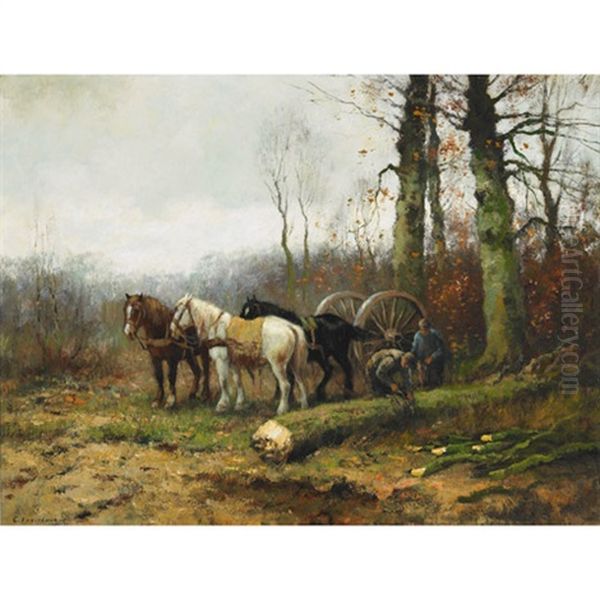 Farmers Cutting Wood Oil Painting by Johan Frederik Cornelis Scherrewitz