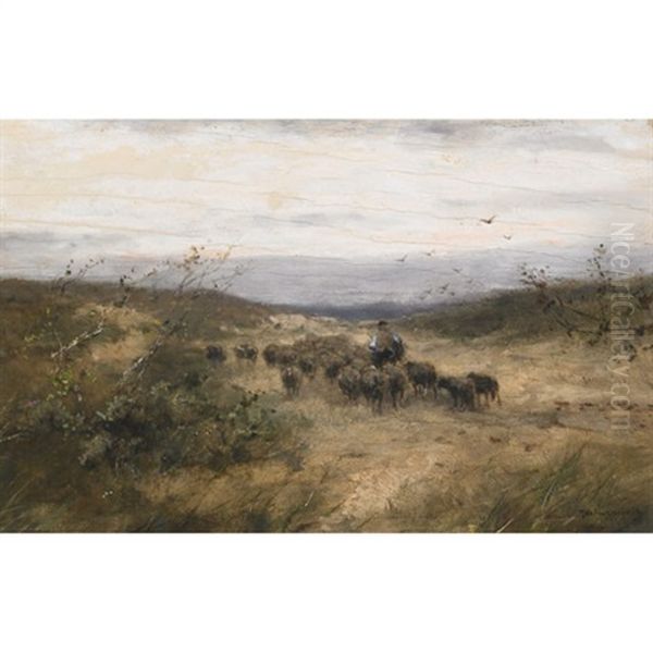 Herder And Flock On A Sandy Dune Oil Painting by Johan Frederik Cornelis Scherrewitz