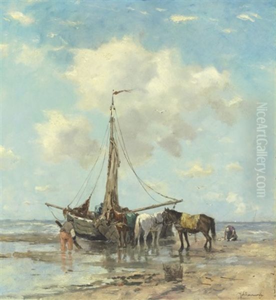 Shellfishers At Low Tide Oil Painting by Johan Frederik Cornelis Scherrewitz