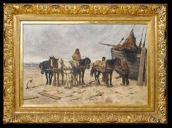 Fishermen On The Beach Oil Painting by Johan Frederik Cornelis Scherrewitz