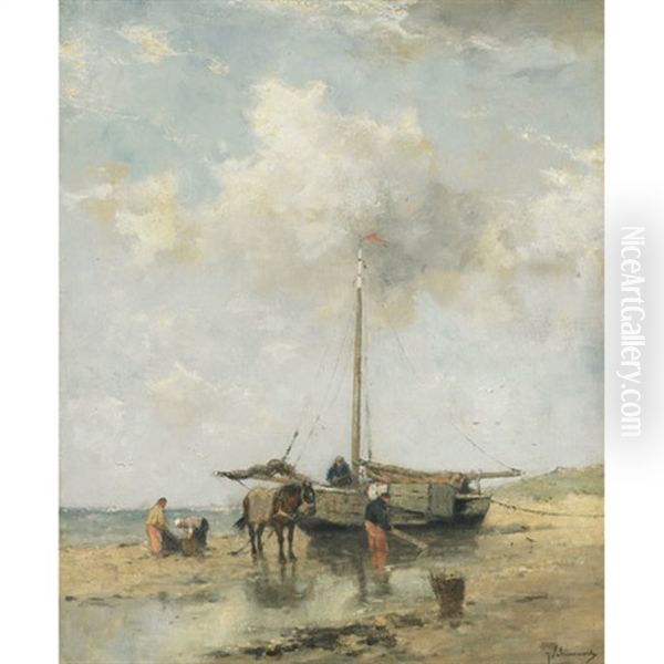 Shellfishers At Low Tide Oil Painting by Johan Frederik Cornelis Scherrewitz