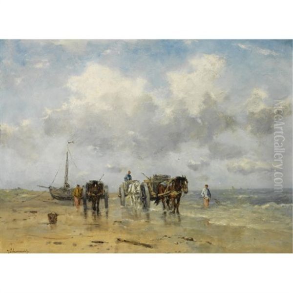 Shell Fishers In The Breakers Oil Painting by Johan Frederik Cornelis Scherrewitz