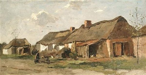 A Figure Pushing A Wheelbarrow Before A Barn Oil Painting by Johan Frederik Cornelis Scherrewitz