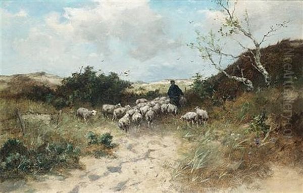 Shepherd And Sheep On A Country Path Oil Painting by Johan Frederik Cornelis Scherrewitz