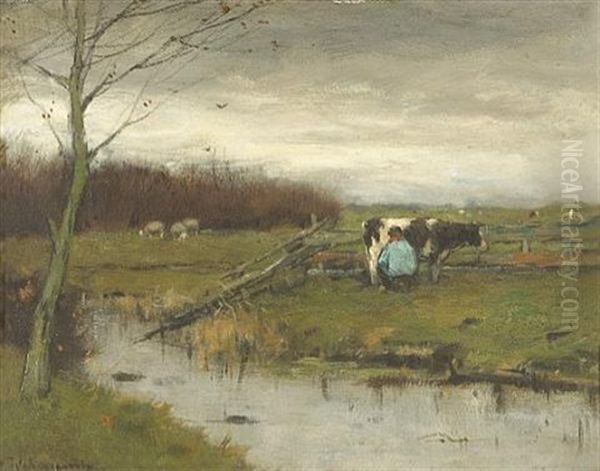 A River Landscape With A Figure Milking A Cow Oil Painting by Johan Frederik Cornelis Scherrewitz