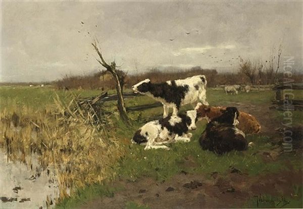 Calfs In A Landscape Oil Painting by Johan Frederik Cornelis Scherrewitz