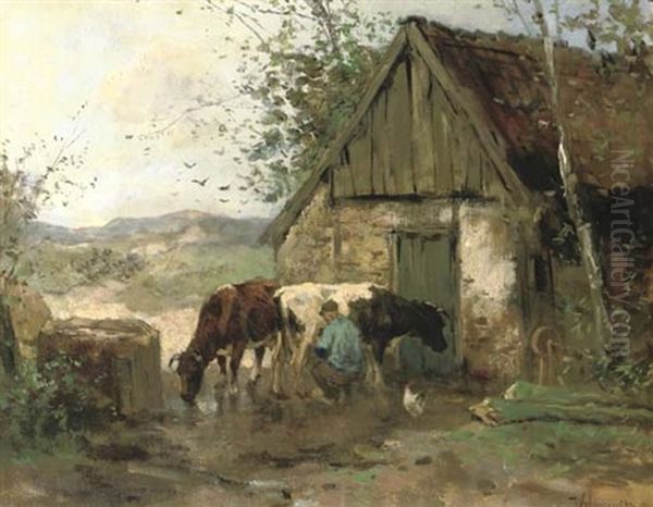 Milking Time Oil Painting by Johan Frederik Cornelis Scherrewitz