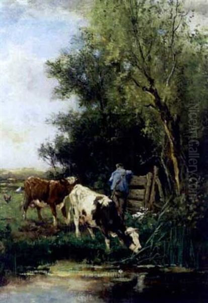 Farmer Watering Cows In A Pond Oil Painting by Johan Frederik Cornelis Scherrewitz