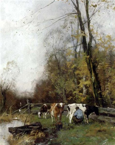 Milking Time Oil Painting by Johan Frederik Cornelis Scherrewitz