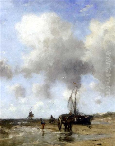 Shellfishers On A Windswept Beach Oil Painting by Johan Frederik Cornelis Scherrewitz