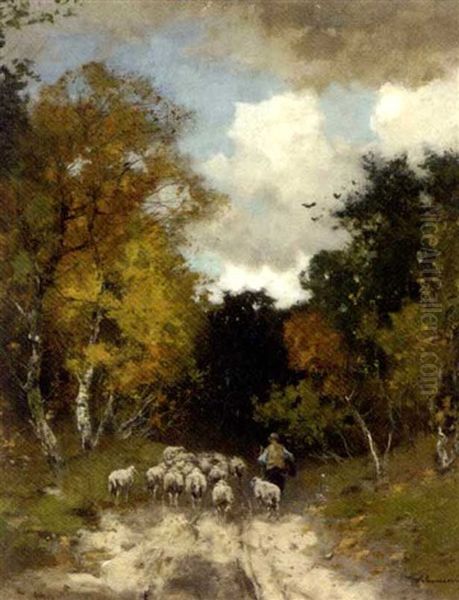 Autumn: Leading The Sheep Through A Forest Oil Painting by Johan Frederik Cornelis Scherrewitz