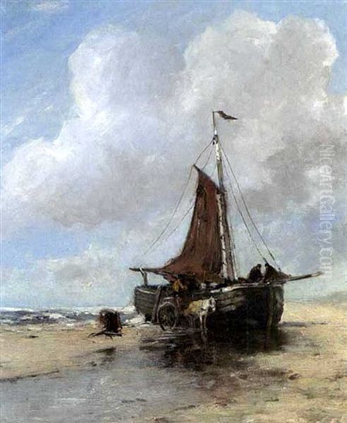 A Bomschuit On The Beach Oil Painting by Johan Frederik Cornelis Scherrewitz