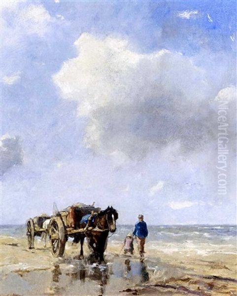 A Shell Fisher On Scheveningen Beach Oil Painting by Johan Frederik Cornelis Scherrewitz