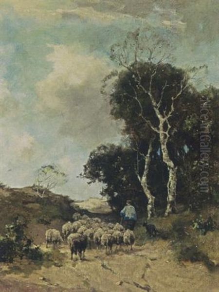 A Shepherd And His Flock In A Wooded Landscape Oil Painting by Johan Frederik Cornelis Scherrewitz