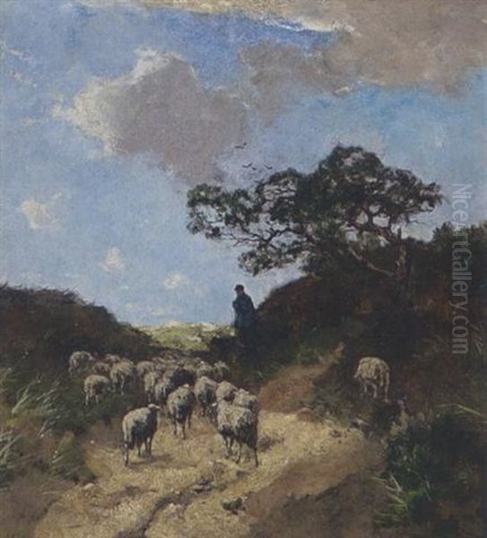 A Shepherd And His Flock In The Dunes Oil Painting by Johan Frederik Cornelis Scherrewitz