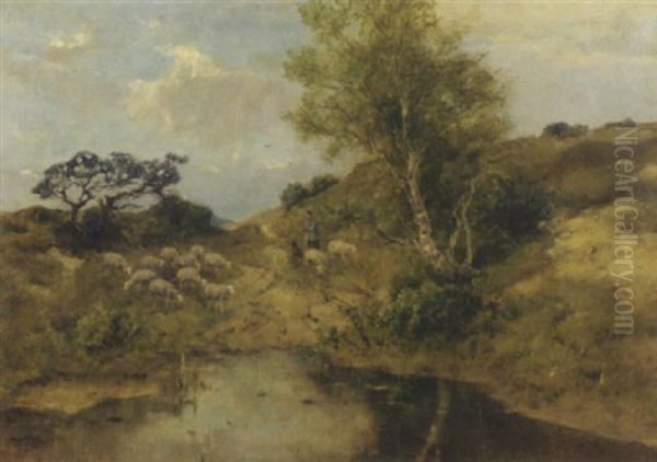 Shepherd And His Flock In The Dunes Oil Painting by Johan Frederik Cornelis Scherrewitz