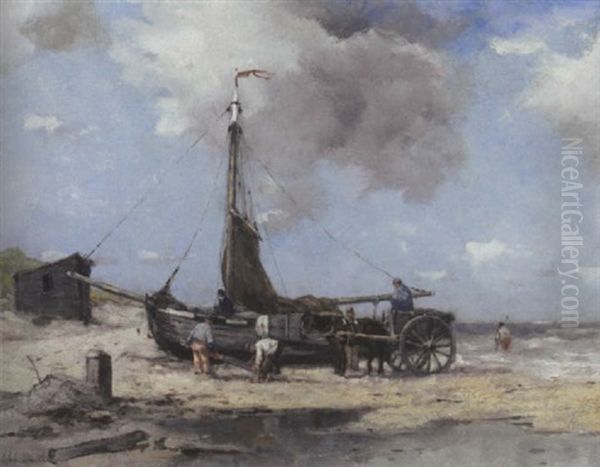 Gathering The Nets Oil Painting by Johan Frederik Cornelis Scherrewitz