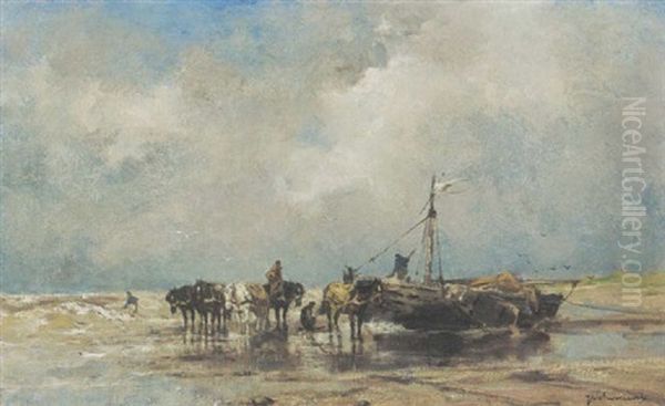 Unloading The Catch Oil Painting by Johan Frederik Cornelis Scherrewitz