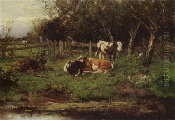 Cows Near A Riverbank Oil Painting by Johan Frederik Cornelis Scherrewitz