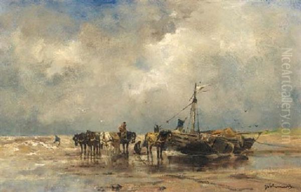 A Coastal Scene With Shell Fishers In The Surf Oil Painting by Johan Frederik Cornelis Scherrewitz