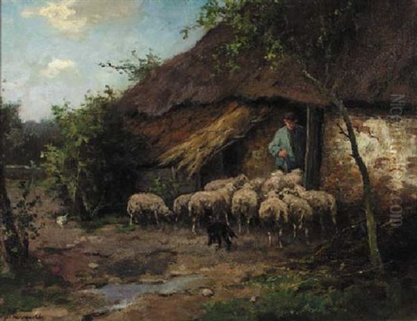 Leading The Flock Into The Stable Oil Painting by Johan Frederik Cornelis Scherrewitz