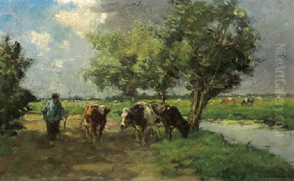 Cows On A Path On A Sunny Day Oil Painting by Johan Frederik Cornelis Scherrewitz