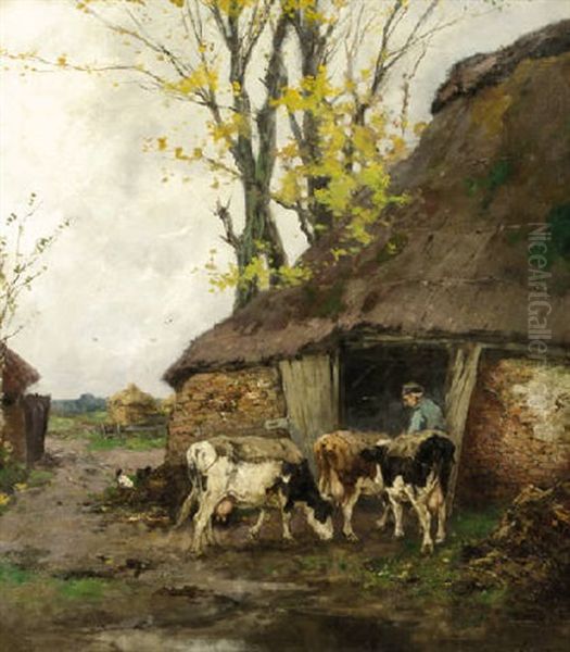 A Farmer And Cows By A Stable Oil Painting by Johan Frederik Cornelis Scherrewitz