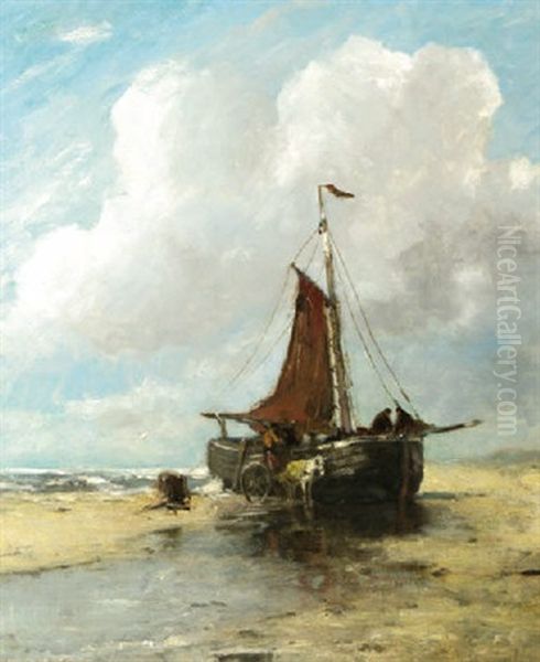 A Beached Bomschuit, Unloading Oil Painting by Johan Frederik Cornelis Scherrewitz