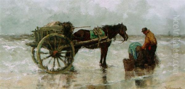 A Shellfisher On The Beach Oil Painting by Johan Frederik Cornelis Scherrewitz