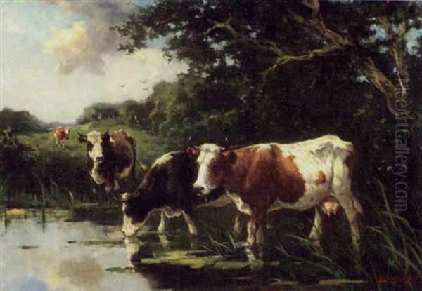 Cattle At A Woodland Pool by Johan Frederik Cornelis Scherrewitz