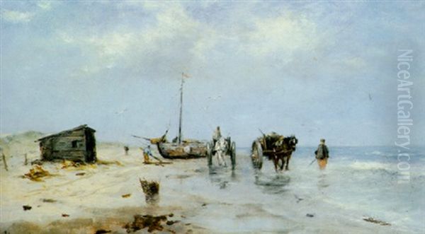 Shellfishermen On The Beach Oil Painting by Johan Frederik Cornelis Scherrewitz