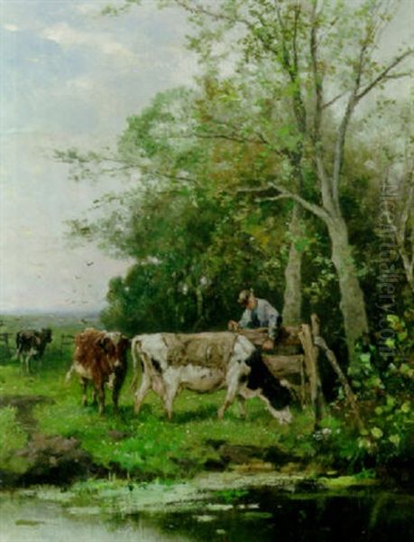 Cows In A Meadow, A Farmer Closing The Gate Oil Painting by Johan Frederik Cornelis Scherrewitz