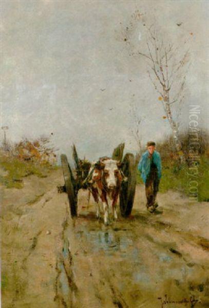 A Farmer And An Ox-drawn Cart On A Sandy Track Oil Painting by Johan Frederik Cornelis Scherrewitz