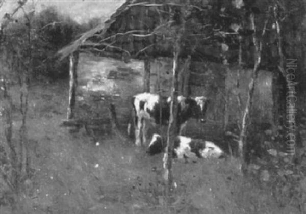 Cattle Resting Outside A Barn Oil Painting by Johan Frederik Cornelis Scherrewitz