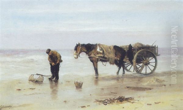 A Shellfisher On The Beach Oil Painting by Johan Frederik Cornelis Scherrewitz