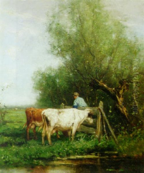 Cows On A Riverbank With Peasant At A Gate by Johan Frederik Cornelis Scherrewitz