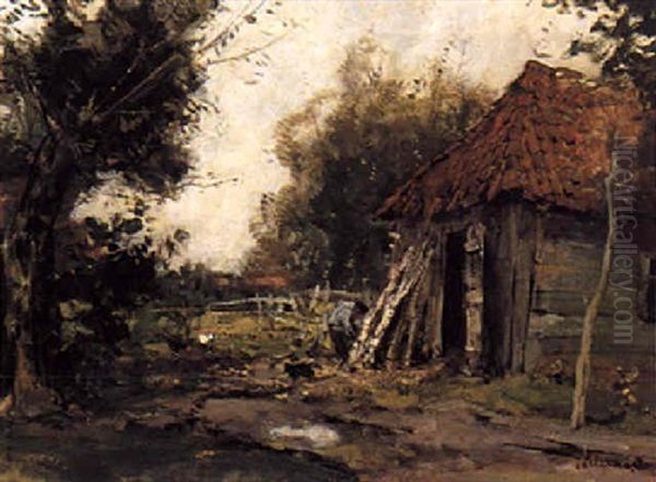 A Farmer By A Shed Oil Painting by Johan Frederik Cornelis Scherrewitz