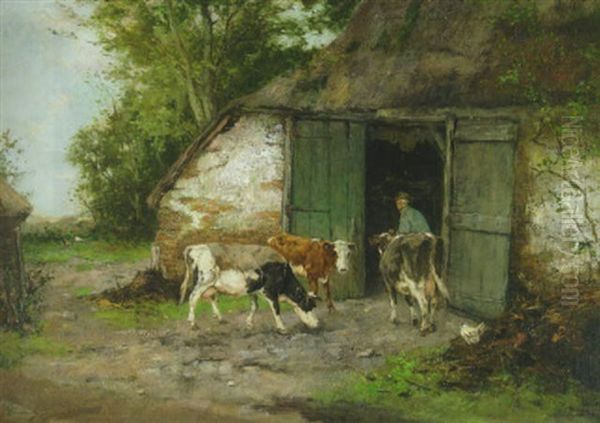 Farmer And Cattle By A Stable Oil Painting by Johan Frederik Cornelis Scherrewitz