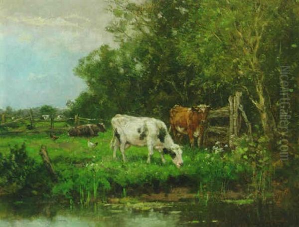 Cows Watering In A Meadow On The Edge Of A Forest Oil Painting by Johan Frederik Cornelis Scherrewitz